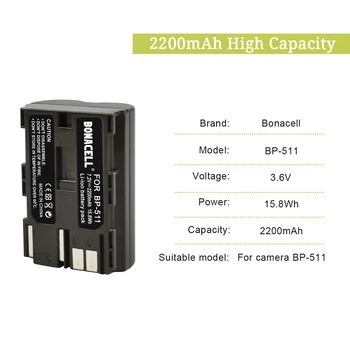 Bonacell 2200mAh BP-511, BP-511A, BP 511A for Kamera Batteri BP511 BP-511 Til Canon EOS 40D 300D 5D 20D 30D 50D 10D G6 L50.
