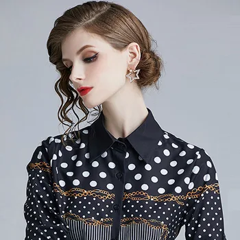 Kvinder Med Lange Ærmer Polka Dot Print Bluse 2019 Fashion Design Er Elegant Skjorte Turn Down Krave Plus Size Bane Toppe