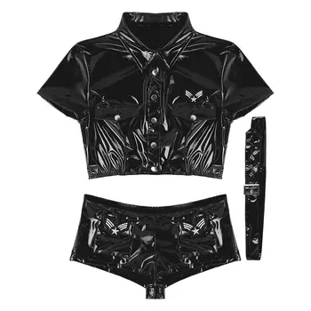 2stk Dame Kvindelige Indstille Mode Parter Clubwear Sexet Politi Uniform Cosplay Kostume Patent Læder Afgrøde Top med Shorts Bunde