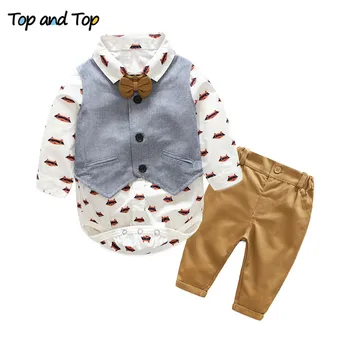Top og Top fashion baby drenge tøj sæt spædbarn tøj baby drenge herre bomuld bow tie+ rompers + vest+bukser 4stk/sæt