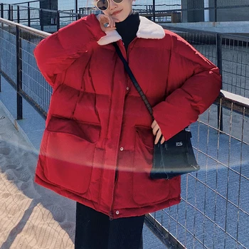 FORYUNSHES koreansk Vinter Kvinde Parkacoats Plus Size Tøj Tykkere Lilla Med Pels Krave Varm, Rød Jakke, Overtøj Sort Frakke