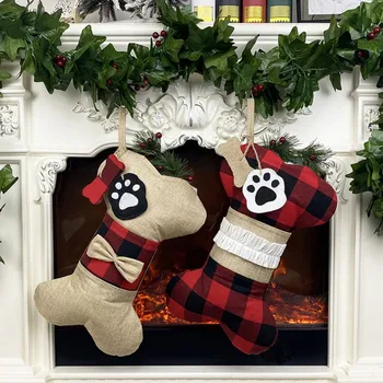 Søde Buffalo Plaid Hvalp Hund julestrømpe Bomuld og Jute Knogle Jul Gave Poser til Hund 42cm*26cm