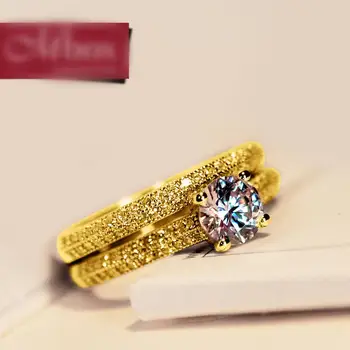 Søde Kvindelige Hvid Brude-Ring Sæt Mode 18KT Guld Bryllup Band Smykker Løfte Kærlighed Runde forlovelsesringe For Kvinder