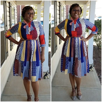 Blomster Plisseret Kjole Afrikanske Kvinder Efteråret Elegante Kontor Dame Arbejdstøj Plus Size Midi Kjoler Bohemia Robe En Linje Femme Vestidos