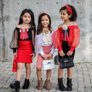 2020 Mode Nye Buksetrold Piger Outfits Sæt Sommer Bomuld Mesh Blomster Toppe+Nederdele 2stk Børn Børn Party Tøj Sæt 1-5Y