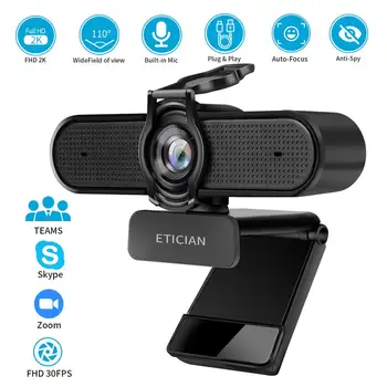 Webcam 2K Auto Fokus USB Full HD Web-Kamera med Mikrofon Cam for Mac Bærbar Computer, Video-Live-Streaming TV Android