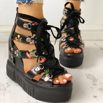 2020 Hot Salg Kvinder Sommer Sandaler med Blomster Print Kiler Hæle Corss-bundet Højde Stigende Kausal Mode Sko til Damer Whosale