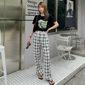 Casual Bukser Plaid-Knappen Lange Tørre Bukser koreansk Stil Studerende Fritid Høj talje Womens Fashion Ins Drapere Alle-match Girl