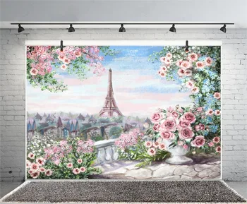 Laeacco Foto Baggrunde Eiffeltårnet Olie Maleri, Akvarel Flower Tapet Mønster Foto Baggrunde, Photocall Foto Studio