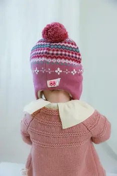 Connectyle Lille Barn Infant Piger Sved Stil Bomuld Jacquard Tykke Vinter Hat Flået, Foret Strik Earflap Varm Hue Med Pom