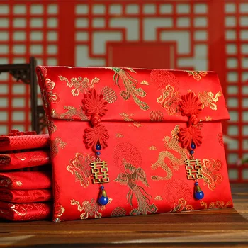 Super Stor Dobbelt Lykke Ord med Perler Dekorere Dragon/Phoenix/Blomster Traditionelle Kinesiske Elementer nytår Rød Kuvert