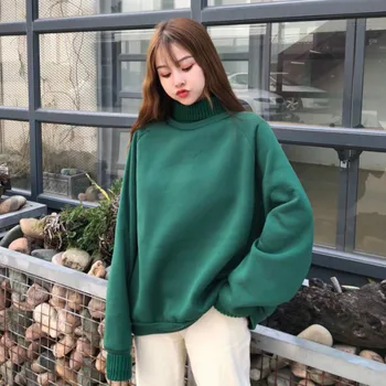 Hættetrøjer Kvinder Solid Rullekrave Patchwork koreansk Stil Ulzzang Dejlige Alle-match Simple Plus Fløjl og Store Bløde Dame Tøj