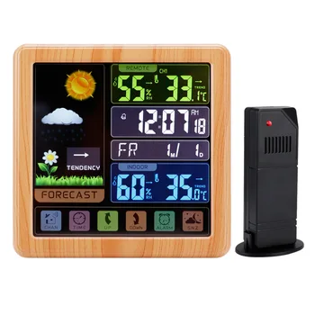 Træ Trådløse vejrstation Indendørs / Udendørs Termometer Hygrometer med Sensor, Digitalt Vækkeur,Vejrudsigt