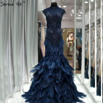 Dubai Luksus Blue Diamond Perlebesat Aften Kjoler 2020 Fjer Havfrue uden Ærmer Sexet Aften Kjoler Virkelige Billede LA60734