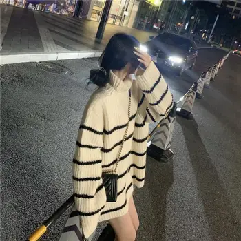 Pullovere Kvinder Bløde Efteråret Turtleneck Sweater Smarte Daglige Toppe Dame Pullover Sød Stribet Harajuku Strikkede Løs Outwear N13