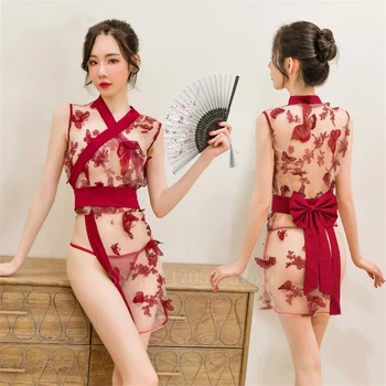 Japansk Hot Kimono Sæt til Kvinder, Sexet Lingeri Cospaly Kostume Sexet Split Se-gennem Broderi Kjole Obi Udstyr Pyjamas Sæt