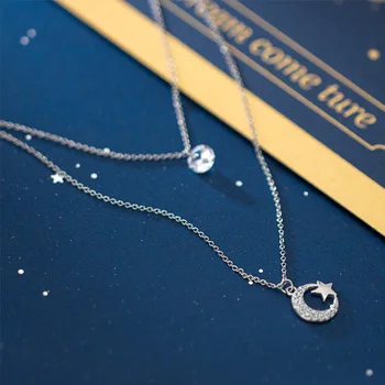 TrustDavis Ægte 925 Sterling Sølv med Dobbelt Kæde Moon Star CZ Choker Halskæde Til Kvinder Wedding Party Mode Smykker DA2013