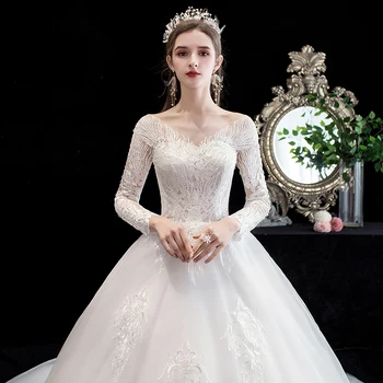 Bryllup Kjole 2021 Luksus Fuld Ærmer Sexet-V-hals Domstol Tog Bolden Kjole Prinsesse Blonder brudekjoler Custom Size