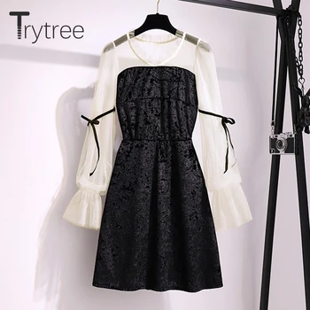Trytree 2020 Foråret, Efteråret Kjole Kvinder Casual V-hals linje, Mode, Vintage Patchwork Mesh Elegant Temperament Mini Kjole