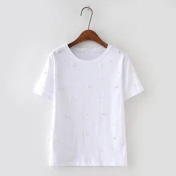 LUNDUNSHIJIA 2018 Sommeren Perler Beaded Kvinder T-shirts Mode Hvid Sort Bomuld Toppe Damer Korte Ærmer O-Hals Kvindelige T-shirt
