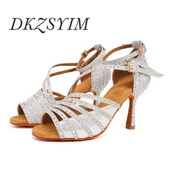 DKZSYIM Latin dance sko damer rhinestone salsa glitter ballroom sandaler party dans sko med høj hæl 6-10 cm sort sølv guld