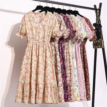 15 Farver, Nye 2020-Mode koreanske Sommeren Korte Ærmer Chiffon Kvinder Midi-Casual Kjole V-hals A-linje Gule Blomstrede Kjoler