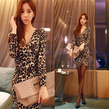 Foråret 2017 nye Sexet Leopard V-hals kjole med lange ærmer leopard kjole kjole kvinders tynd hip kort kjole