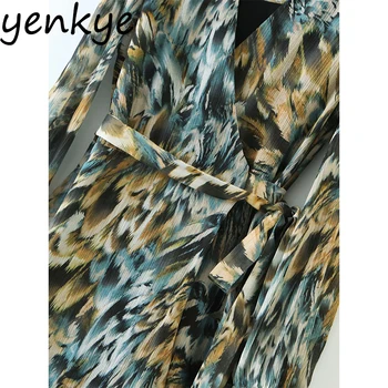 Efteråret Kjoler 2020 Vintage Tie-dye Print Kjole Kvinder med Lange Ærmer Cross V Neck A-line Wrap Casual Kjole Plus Size vestido