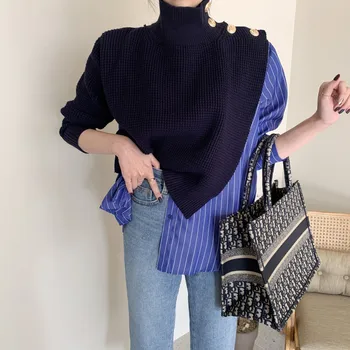 Koreanere Smarte 2020 Efteråret Høj Krave Side Knapper Falske To-stykke Shirt Syning Stribede Boble Ærme Sweater Blå kvinder