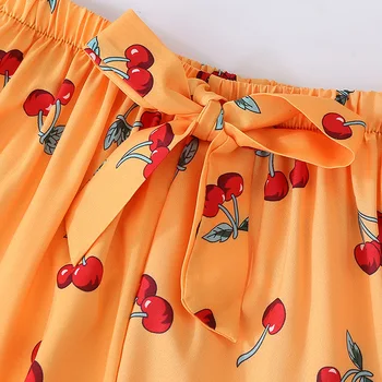 Søde kvinder pyjamas sæt orange farve med søde kirsebær trykt kausale pyjamas sæt mode blød pyjamas til damer