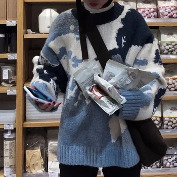 2020 Forår Og Efterår Nye Sweater Stor Version Pullover Sweater Løs Camouflage Jacquard Sweater Kvinder