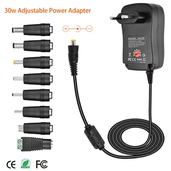 30W Universal Power Adapter 3V 4.5 V 6V 5V 7,5 V 9V, 12V AC DC Oplader power Converter + 5V 2.1 EN USB-Port Med 8stk jack -black