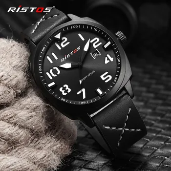 RISTOS Mænd Quartz Analog Ur Army style Læder Ure Reloj Masculino Hombre Mand, Mode, Sport Ur Militære Design 9351