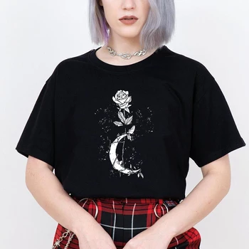 Blomster Trykt Kvinder Moon T-Shirt Goth Grunge Fashion Kort Ærme T-shirts Black Plus Size Toppe Kvindelige Shirts Bomuld Tøj