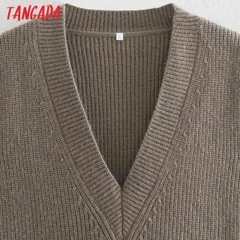 Tangada Forår Mode Kvinder Oversized Lang Strikket Vest Sweater med V-Hals uden Ærmer Kvindelige Vest Smarte Toppe QJ23