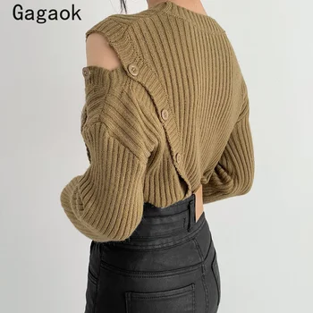 Gagaok kvinder Kontor Dame strikket sweater 2020 foråret efteråret nye O-Hals med Fuld-Knappen trøjer Solid slanke, smarte retro pullover k4002