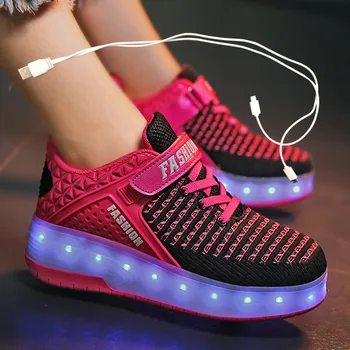 Nye Pink USB-Opladning Mode Piger Drenge LED Lys Roller Skate Sko Til Børn Sneakers Med Hjul To hjul