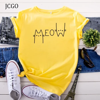 JCGO Sommeren Kvinder T-Shirt S-5XL Plus Size Bomuld med Sjove katte Print kortærmet Dame t-Shirts Toppe Afslappet O-Hals Kvindelige TShirt