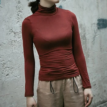 Kvinder Grundlæggende Solid langærmet bunden shirt Turtlenneck Almindelig Viskose spandex Plus Size Dame bluser & toppe Efteråret