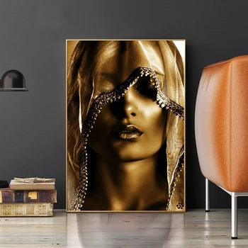 Golden Makeup Kvinder Lærred Malerier, Plakater og Print Nordisk Stil Væg Kunst, Billeder Skandinaviske Cuadros for Living Room Decor