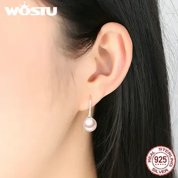 WOSTU Ægte 925 Sterling Sølv Mode Elegante Gule Simuleret Pearl Drop Øreringe Til Kvinder Smykker Engros CQE146