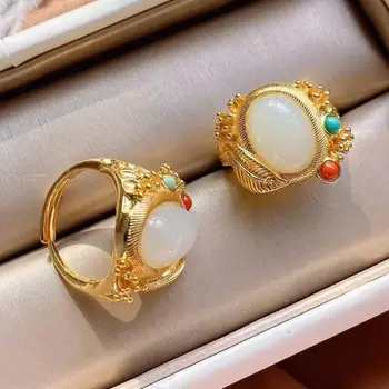 Nye Sølv Indlagt Hetian Hvid Kalcedon Ring Retro Palace Kinesisk Stil Gamle Kode Åbning Justerbar Kvinder Smykker