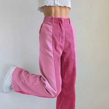 2020 Kvinder Straight Leg Fløjl Bukser Med Høj Talje Corduroys Bukser Kvindelige Vinter Pink Velour Bukser Straight Bukser