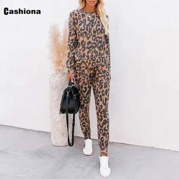 Kvinder Camouflage Leopard Print 2 Delt Sæt Efteråret Langærmet Top Casual Løs Bukser Sæt Damer Snor Træningsdragt Streetwear