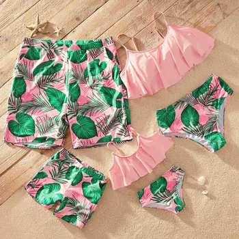 PatPat 2021 Nye Sommer Tankini Grønne Blad Print Pink Matchende Badetøj