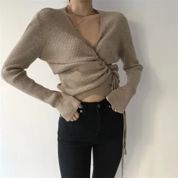 Fremmede Kitty Koreansk Stil, Mode Sexet Kvindelige Sweater 2020 Nye Ankomst V-Hals Solid Farve Lange Ærmer Sød Slanke Kvinder Trøjer