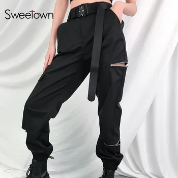 Sweetown Street Style Hippie-Chik Bukser Kvinder Streetwear Sommeren 2019 Sort Lynlås Lommer Open Hip Hop Høj Talje Bukser
