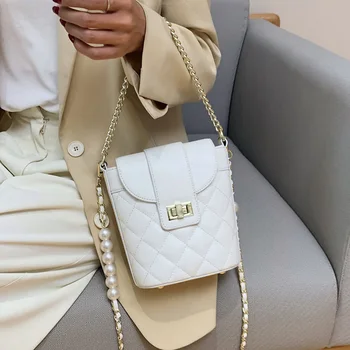 Gitter Tote Spand pose 2020 Nye Mode af Høj kvalitet PU Læder Kvinders Designer Håndtaske Pearl Kæde Skulder Messenger Taske