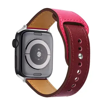 Dobbelt Farve Ægte Læder Band for Apple-ur serie 5 4 3 Bløde Strålende Sport Strop til iWatch 38mm 40mm 42mm 44mm pink