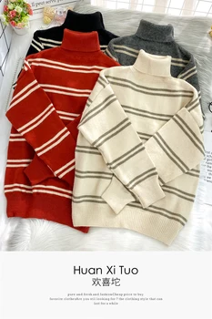 Kvinder Turtleneck Sweater Nye 2020-Efterår Og Vinter Med Lange Ærmer Mode Stribe Pullover Sweater Kvinde Overdimensionerede Koreanske Strik Toppe